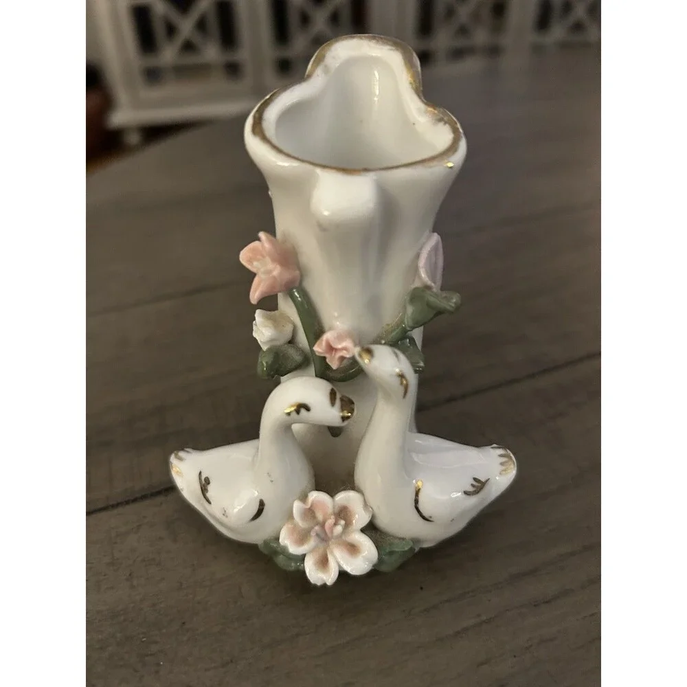 Vintage Porcelain Bud Vases With Swans And Flowers